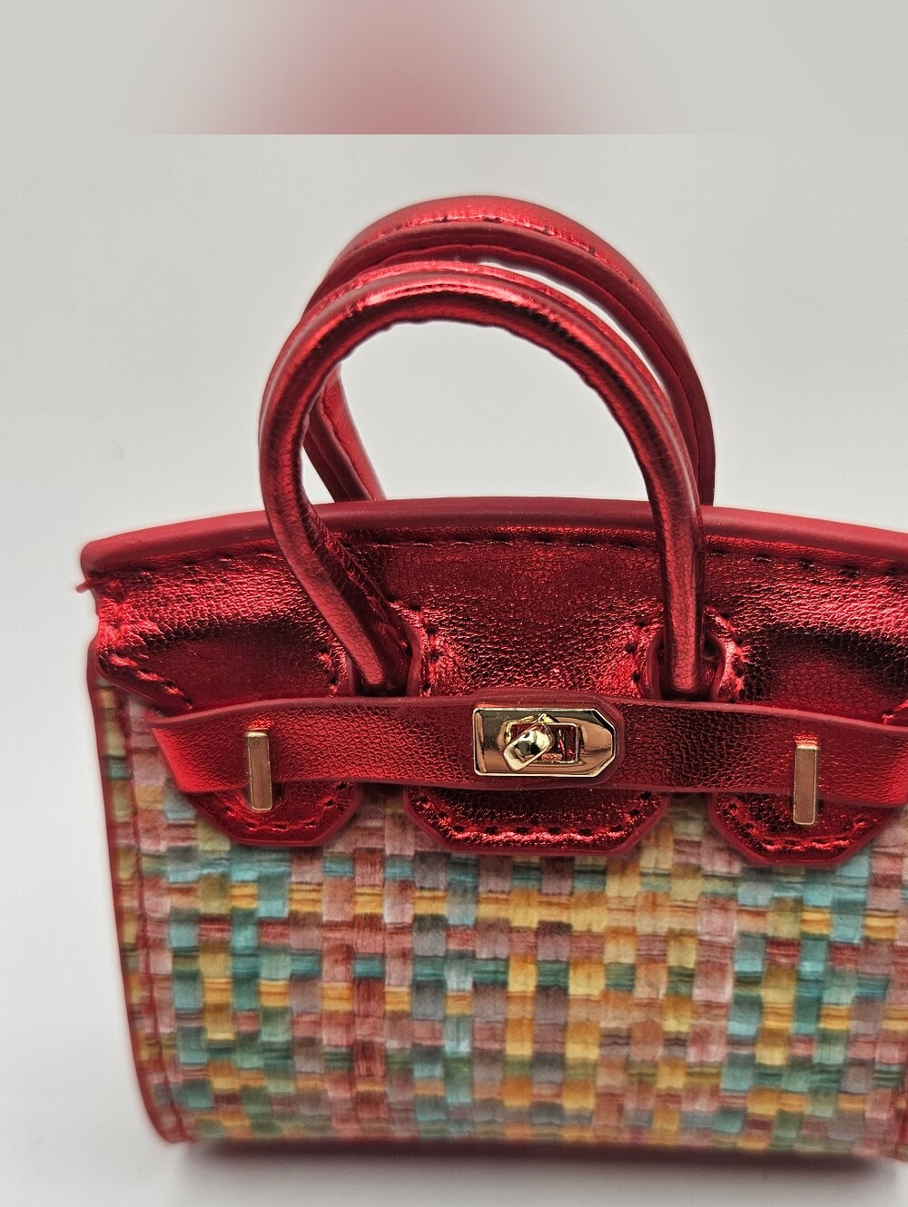 Red Metallic Top-Handle Woven Accent Women’s Minibag With Chain And Charm - Picture 2 of 7